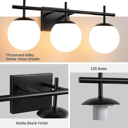 AIJIASI Black Bathroom Vanity Light, 3-Light Bathroom Lighting Fixtures Over Mirror with Milky White Globe Glass Shade, Mid Century Modern Vanity Lights Fixture Over Mirror 22.4 Inch