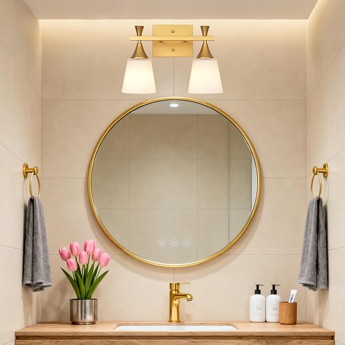 2 Light Modern Bathroom Vanity Light, Milk Glass Wall Light Fixtures Over Mirror, Brushed Gold Vanity Lighting for Bathroom, Living Room, Bedroom, E26 Base (Exclude Bulb)