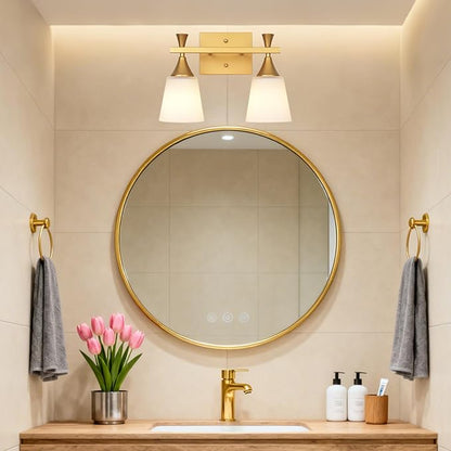 2 Light Modern Bathroom Vanity Light, Milk Glass Wall Light Fixtures Over Mirror, Brushed Gold Vanity Lighting for Bathroom, Living Room, Bedroom, E26 Base (Exclude Bulb)