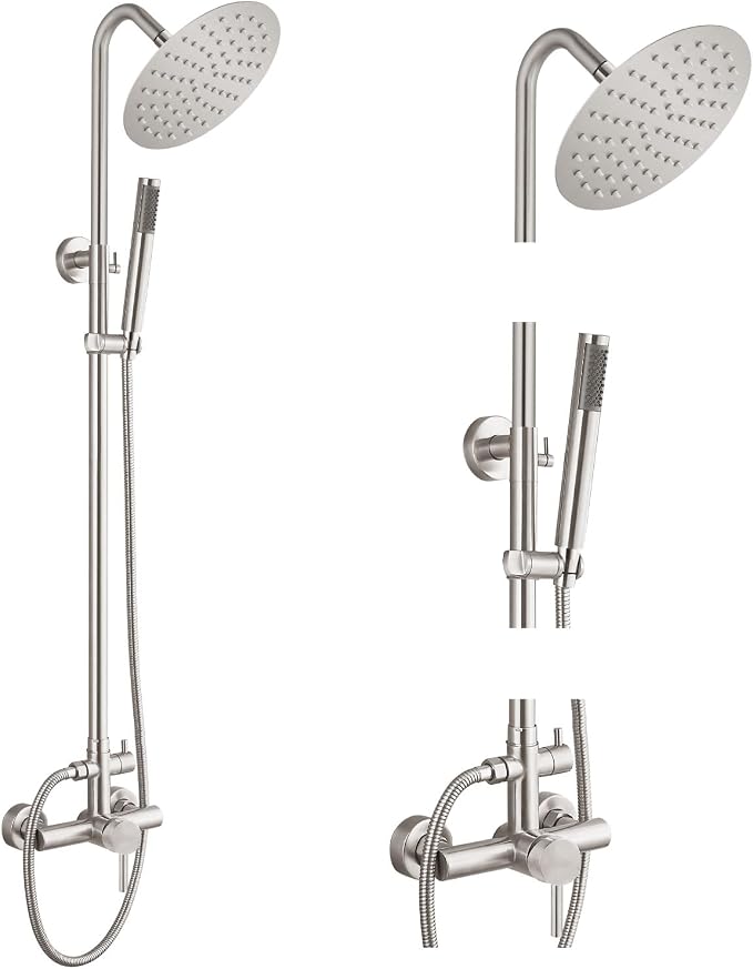 gotonovo 304 Stainless Steel Outdoor Shower Fixtures Exposed,Brushed Nickel | 8 Inch Rain Showerhead with Handheld Sprayer Outdoor Outside Shower Kit System Faucet Head Valve Wall Mount for Pool Backyard