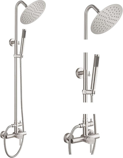 gotonovo 304 Stainless Steel Outdoor Shower Fixtures Exposed,Brushed Nickel | 8 Inch Rain Showerhead with Handheld Sprayer Outdoor Outside Shower Kit System Faucet Head Valve Wall Mount for Pool Backyard