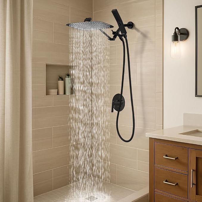 G-Promise All Metal 12" Rain Shower Head with Handheld for Bathroom Upgrade | All Metal, Built to Last, Easy Install, Adjustable Height & Angle for All Heights, Extra Long Hose, Modern Upgrade