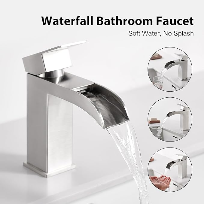 Faustina Brushed Nickel Waterfall Bathroom Faucet, Single Handle Wide Spout Stainless Steel Vanity Sink Faucet with Pop Up Drain & Deck Plate for 1 or 3 Hole