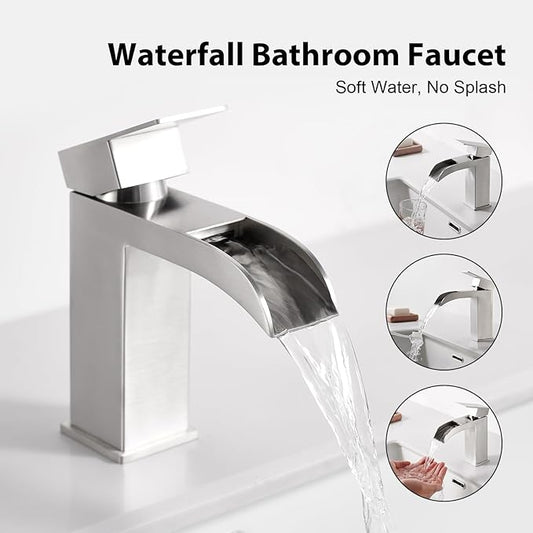 Faustina Brushed Nickel Waterfall Bathroom Faucet, Single Handle Wide Spout Stainless Steel Vanity Sink Faucet with Pop Up Drain & Deck Plate for 1 or 3 Hole