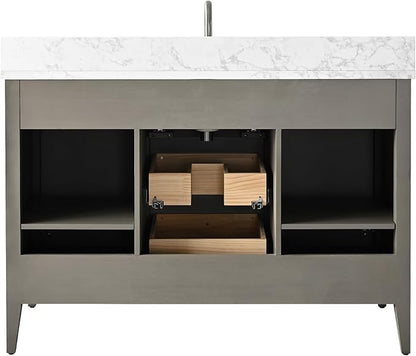 HOMEBEYOND 48" Bathroom Vanity with Sink, Solid Wood Bathroom Vanity Free-Standing Cabinet, Drawers, Ceramic Top & Soft Closing Door, Golden Brushed Handware, Driftwood Gray