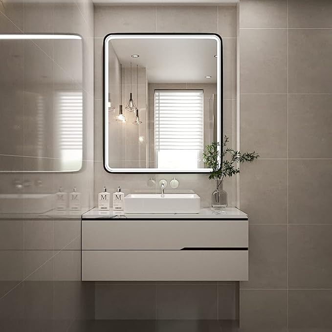 30X36 Inch LED Lighted Bathroom Mirror,Black Frame,3 Color | Lighted Vanity Mirror, Large Wall Mounted Makeup Mirror, 6000K, Dimmable Anti-Fog