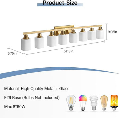 Bathroom Vanity Light,8-Light Brushed Gold Bathroom Light Fixtures with Square Frosted Glass, 51in Gold Wall Lamp Sconces for Mirror Bedroom,Living Room Hallway,E26
