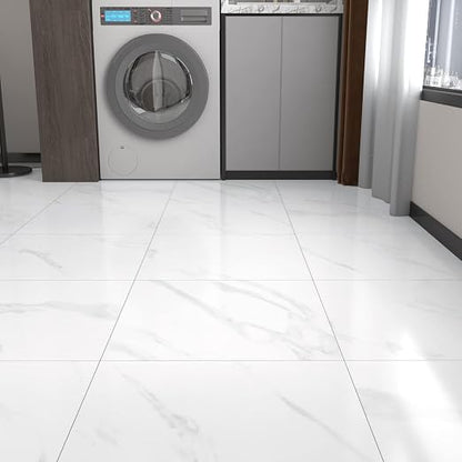 White Marble Peel and Stick Floor Tile Bathroom Self Adhesive Floor Tiles Peel and Stick Waterproof Kitchen Flooring Tiles Removable Marble Tile for Bedroom Living Room Camper 5 Pcs 12" x 12"
