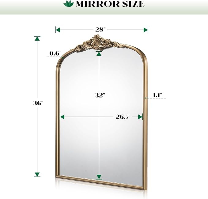 Arched Antique Gold Wall Mirror, 28"x36" Vintage Bathroom Mirror | Ornate Mirror over Sink, Arched Brass Wall Mirror for Fireplace, Living Room, Entryway, Bedroom, Hanging or Leaning