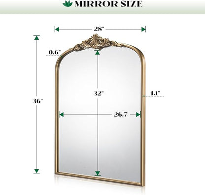 Arched Antique Gold Wall Mirror, 28"x36" Vintage Bathroom Mirror | Ornate Mirror over Sink, Arched Brass Wall Mirror for Fireplace, Living Room, Entryway, Bedroom, Hanging or Leaning