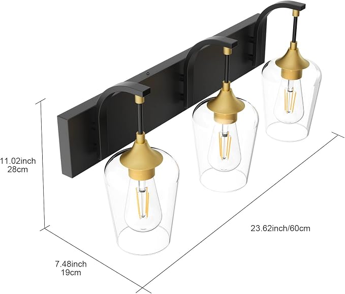 Ralbay Black/Gold Vanity Light Fixtures 3-Lights Industrial Black/Gold Bathroom Vanity Light with Clear Glass Vintage Edison Bathroom Wall Lighting Fixtures