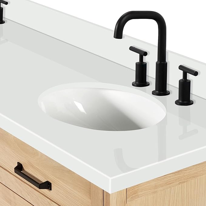 ARIEL Monroe 72-inch Bathroom Vanity with Sink,Solid Wood, 1.5-inch Pure White Quartz Countertop & Backsplash, Double Rectangular Porcelain Sink, 9 Dovetail Drawers, Matte Black, White Oak