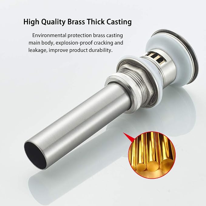 Bathroom Sink Drain with Strainer Basket Hair Catcher Anti-Explosion Anti Clog Pop Up Drain Stopper Vanity Vessel Sink with Overflow, Brushed Nickel