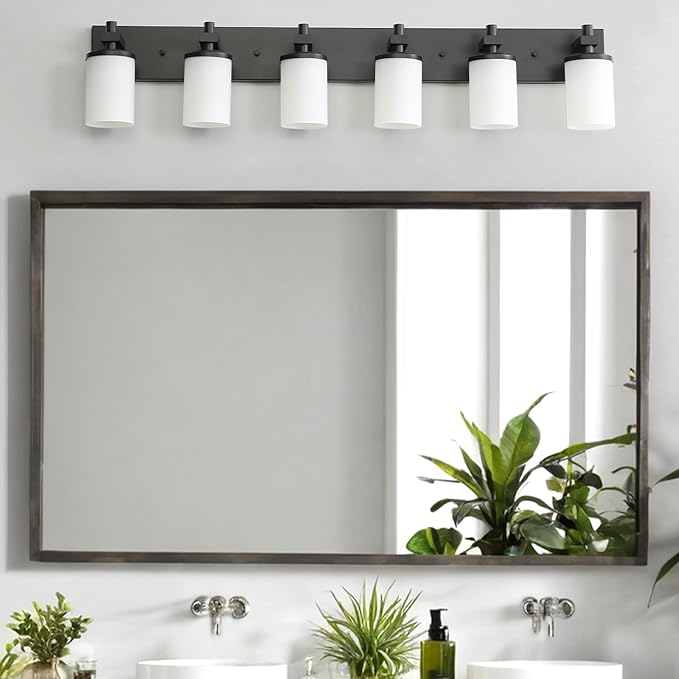 LOUSACE Bathroom Lighting Fixture Over Mirror, 6 Light Bathroom Vanity Lights Matte Black with Opal White Glass Shades, E26 Bulb Base, Wall Sconces Vanity Lighting Fixtures for Bathroom Living Room
