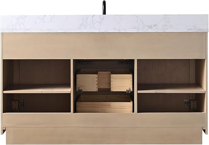 HOMEBEYOND 60" Bathroom Vanity with Single Sink & Ceramic Top, MDF Material Vanity Cabinet with Basin Combo, Soft-Closing Doors, Removable Shelf, Backsplash