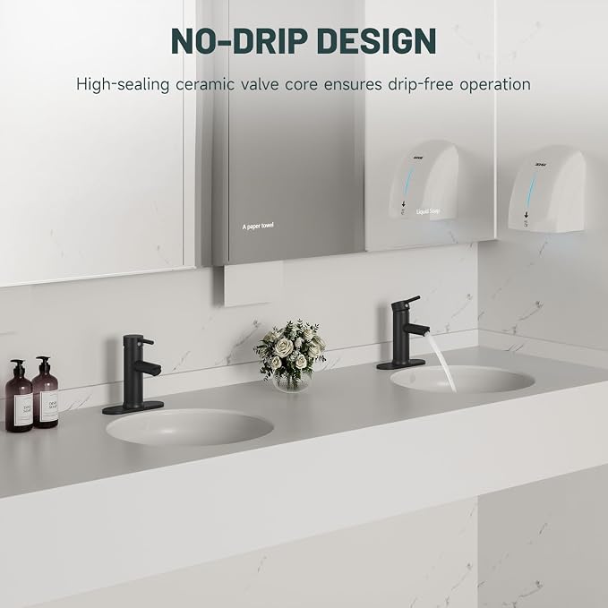 2 Pack Bathroom Faucet for 1 or 3 Holes, Matte Black, Brass | Single Handle Bathroom Sink Faucets, Modern Commercial Lavatory Vanity Faucet,with Deck Plate and Supply Line, Pop Up Drain