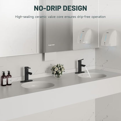2 Pack Bathroom Faucet for 1 or 3 Holes, Matte Black, Brass | Single Handle Bathroom Sink Faucets, Modern Commercial Lavatory Vanity Faucet,with Deck Plate and Supply Line, Pop Up Drain
