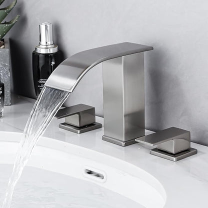 Waterfall Bathroom Sink Faucet 3 Hole, Brushed Nickel Bathroom Faucet, 8 Inch Widespread Bathroom Faucet Modern with Pop Up Drain Parts 3 Piece Mixer Double Handle