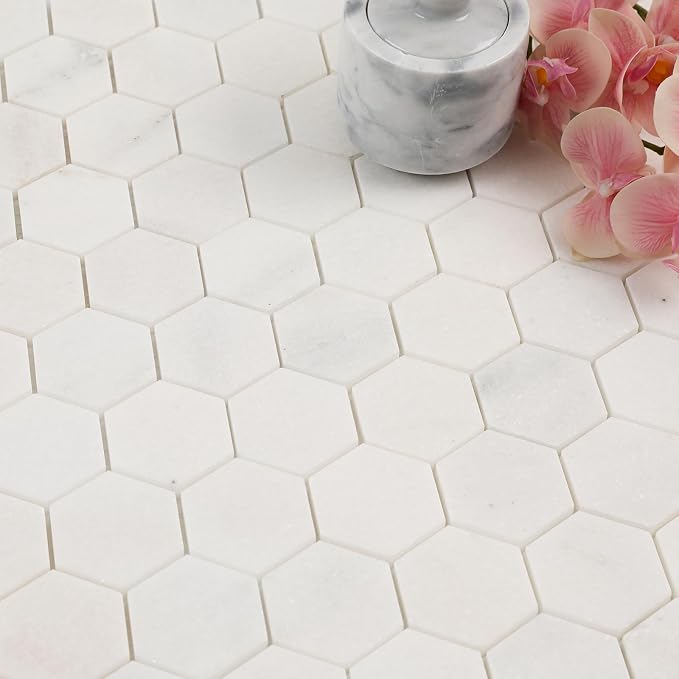 Marble Mosaic Tile, 2 Inch Hexagon, Honed, White Natural Stone Mosaic Tiles for Kitchen Backsaplsh, Shower Floor, Bathroom, Accent Wall, Pack of 5 Sheets