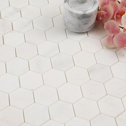 Marble Mosaic Tile, 2 Inch Hexagon, Honed, White Natural Stone Mosaic Tiles for Kitchen Backsaplsh, Shower Floor, Bathroom, Accent Wall, Pack of 5 Sheets