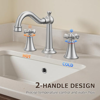 Hurran 8 Inch Widespread Bathroom Sink Faucet Brushed Nickel, 3 Hole 2 Cross Handles Classic Vintage Antique Faucet with Metal Pop Up Drain and Supply Hoses for Vanity, RV, Farmhouse