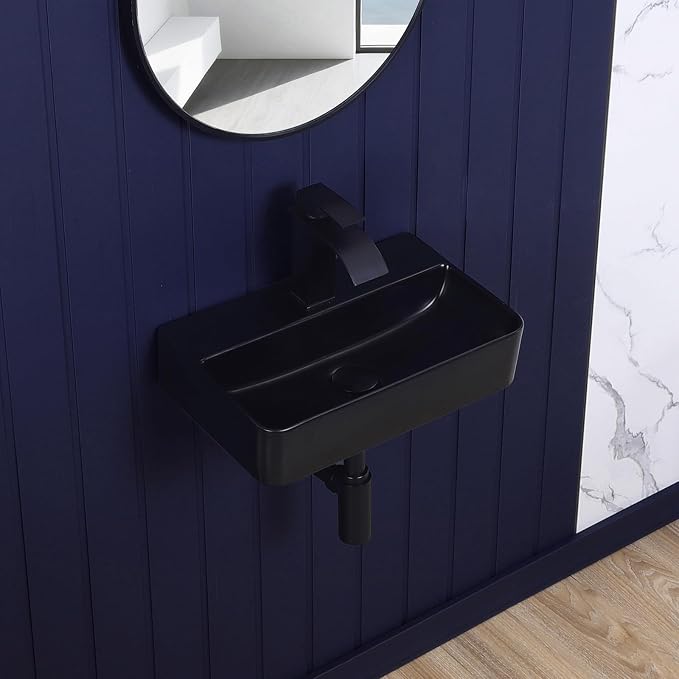 Wall Mount Bathroom Vessel Sink Matte Black 17.7"x11" Rectangular Floating Porcelain Ceramic Black Wall Hung Vanity Basin Sink for Home,RV,Bathroom