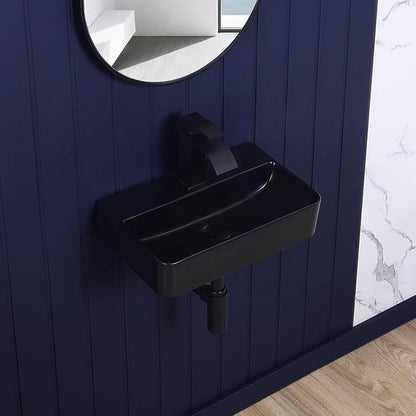 Wall Mount Bathroom Vessel Sink Matte Black 17.7"x11" Rectangular Floating Porcelain Ceramic Black Wall Hung Vanity Basin Sink for Home,RV,Bathroom