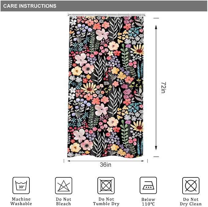 Small Stall Narrow Half Single Floral Stand Up Bathroom Shower Curtain Set | 36"W x 72"H Black Leaves; waterproof HD print, quick-dry fabric with 12 hooks for easy hanging.