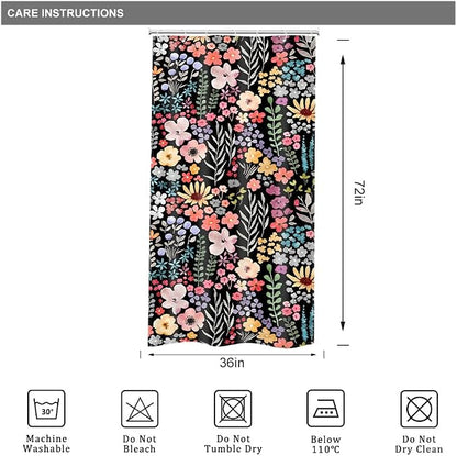 Small Stall Narrow Half Single Floral Stand Up Bathroom Shower Curtain Set | 36"W x 72"H Black Leaves; waterproof HD print, quick-dry fabric with 12 hooks for easy hanging.