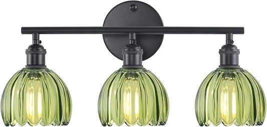 Bathroom Light Fixtures, 3-Light Black Vanity wall Light Over Mirror with Green Tulip Glass Shade for Bedroom Living Room (Bulb Not Included)