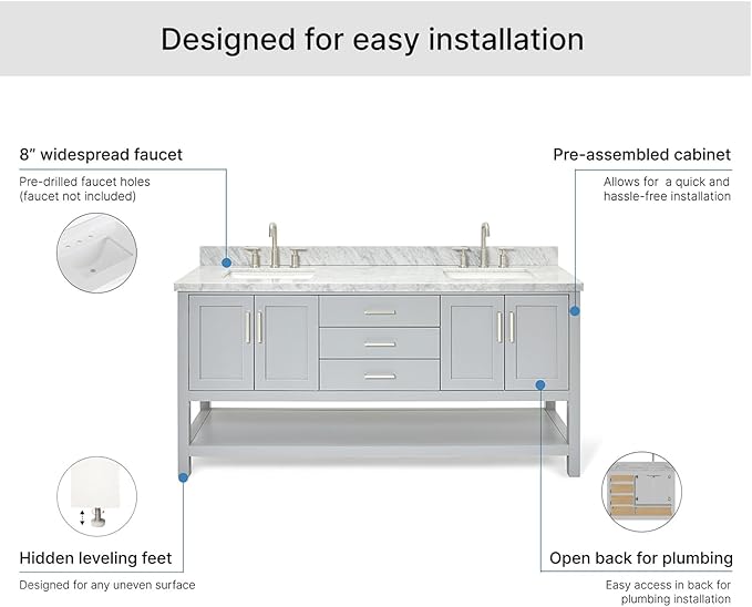 ARIEL 73" Grey Double Bathroom Vanity with 1.5" Edge Italian Carrara Marble Countertop & Splash, Rectangular Sinks, 4 Soft Closing Doors, 3 Dovetail Full Extensions Drawers, Brushed Nickel