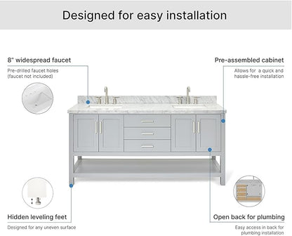 ARIEL 73" Grey Double Bathroom Vanity with 1.5" Edge Italian Carrara Marble Countertop & Splash, Rectangular Sinks, 4 Soft Closing Doors, 3 Dovetail Full Extensions Drawers, Brushed Nickel