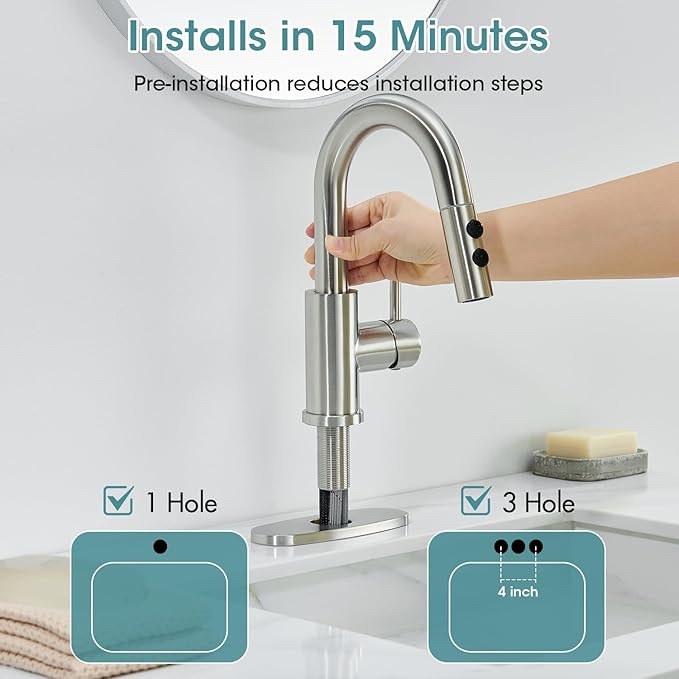 Brushed Nickel Bathroom Faucet with Pull Down Sprayer, Single Hole Bathroom Faucet with Pop-up Drain and Flexible Hoses, 1 Handle Sink Faucets for Vanity, Modern Farmhouse, Vanity, Restroom