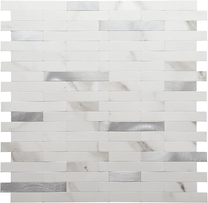 STICKGOO Peel and Stick Backsplash,PVC Wall Tiles Stick on Backsplash for Kitchen(1 Sheet, Statuario White with Metal Silver)