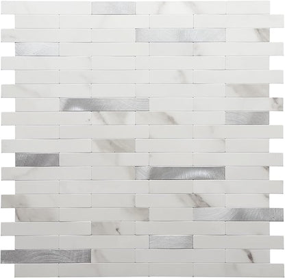 STICKGOO Peel and Stick Backsplash,PVC Wall Tiles Stick on Backsplash for Kitchen(1 Sheet, Statuario White with Metal Silver)