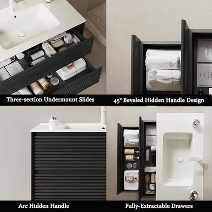 36" Floating Bathroom Vanity with Sink, Wall Mounted Modern Bathroom Cabinet with 2 Soft Close Drawers, Oak & Plywood, Pre-Assembled with Integrated Ceramic Basin – Sedona, Dark Oak