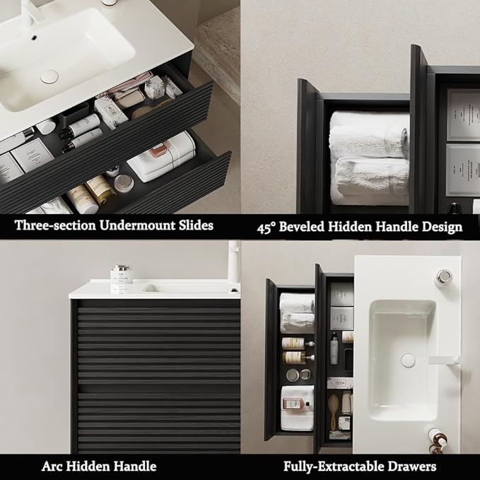 30" Floating Bathroom Vanity with Sink, Wall Mounted Modern Bathroom Cabinet with 2 Soft Close Drawers, Oak & Plywood, Pre-Assembled with Integrated Ceramic Basin – Sedona, Dark Oak