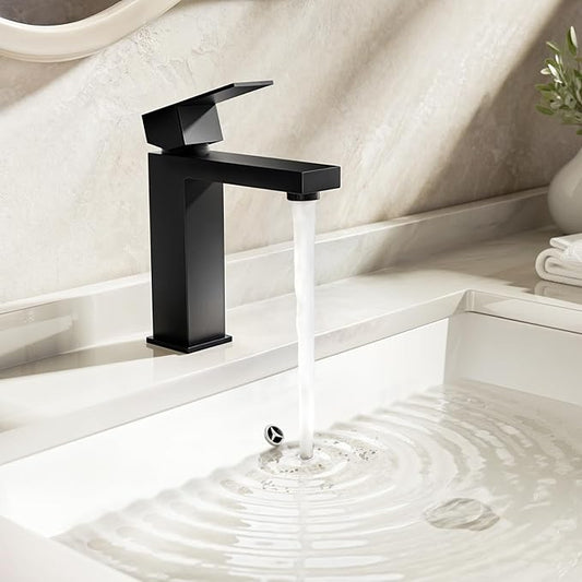 Phiestina 4 Inch Black Single Hole Bathroom Faucet Single Handle Vanity Faucet Matte Black Bathroom Faucet for Sink 1 Hole with Metal Drain with ‎Deck Plate, Overflow & Water Supply line, BF3530-MB