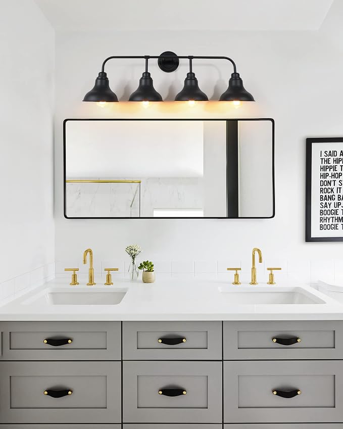 34.25-Inch 4-Light Matte Black Vanity Light for Bathroom Mirror | Farmhouse industrial style, matte black metal, 4 E26 base max 60W, no bulbs, wall lighting for bathroom mirror, hallway