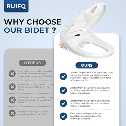 Bidet Toilet Seat Elongated, Electric Heated Seat with Instant Warm Water | Remote & Side Knob Control, Self-Clean Nozzle, Soft Close Lid, Night Light, Warm Air Dryer