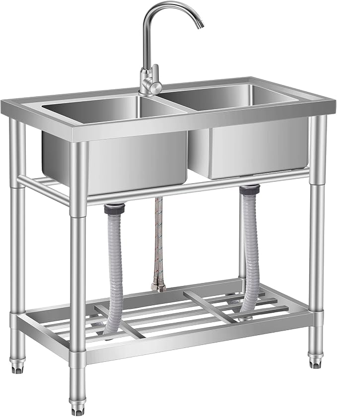 Stainless Steel Utility Sink Free Standing, 33 in Laundry Sink | Double Bowl Commercial Sink with Cold and Hot Water Pipe, for Laundry Room Bathroom Farmhouse Litchen