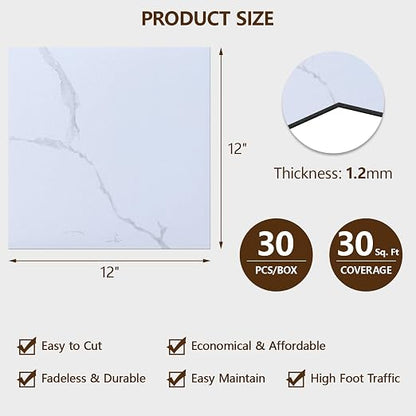 Peel and Stick Floor Tile, 30-Pack 12" x 12" Vinyl Flooring, Waterproof Self-Adhesive Luxury Vinyl Tiles, Easy DIY for Bathroom, Kitchen, Dinning Room, RV, Cover 30 Sq. White Marble