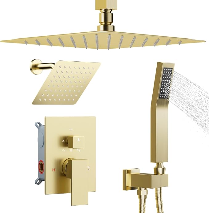 Shower System Shower Faucet Set, STARBATH 12"+6" Ceiling Mount Rain Shower Head and Handheld Spray for Two Person, Rainfall Shower System with Diverter Valve and Trim Kit Complete,Brushed Gold