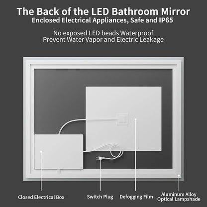 Koonmi 48x24 LED Bathroom Mirror with Light, Anti-Fog, 3 Colors | Backlit + Front Lit, Dimmable Brightness, Shatterproof HD Distortion-Free Tempered Glass, Hardware Included