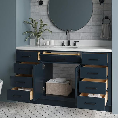 ARIEL Hepburn 60-inch Bathroom Vanity with Sink,Solid Wood, 1.5-inch Pure White Quartz Countertop, Single Rectangular Porcelain Sink, 2 Soft Closing Doors, 9 Dovetail Drawers, Midnight Blue