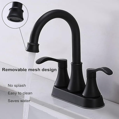 Matte Black Bathroom Sink Faucet, 2-Handle 4 Inch Centerset Lead-Free Modern Commercial, 360° Swivel High-Arc Spout Lavatory Vanity Faucets Set for Sink with Drain & Water Hoses, VALZST050B
