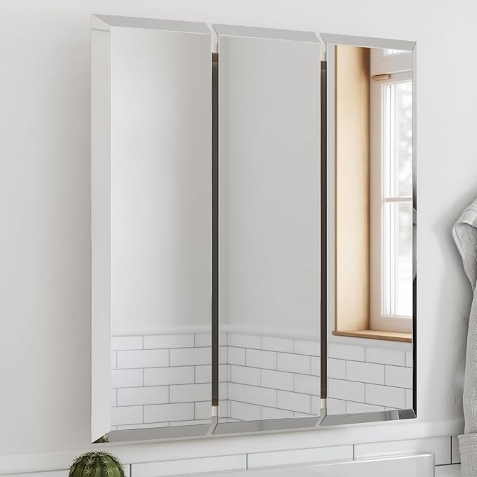 Design House Cyprus Bathroom Medicine Cabinet with Mirror, 25 Inch Recessed or Surface Mount Cabinet, 3 Frameless Mirrored Doors, 2 Shelves, White, Pre-Assembled, 597484 | Adjustable Shelves, Wall Mount, Contemporary/Modern, Wood, Bath, 597484