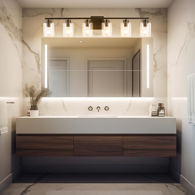 6 Light Bathroom Light Fixtures, 40 Inches Bathroom Lighting Fixtures Over Mirror, Black Vanity Light with Clear Glass Shades