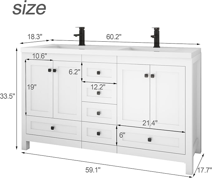LUCKWIND 60" Bathroom Vanity and Sink Combos, Modern Bathroom Storage Painted Cabinet with Undercounter Resin Dual Sink Top, Matte Black Faucet and 6 Drawers, Mirror Not Included, White