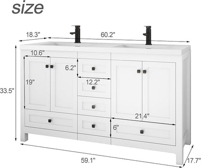 LUCKWIND 60" Bathroom Vanity and Sink Combos, Modern Bathroom Storage Painted Cabinet with Undercounter Resin Dual Sink Top, Matte Black Faucet and 6 Drawers, Mirror Not Included, White